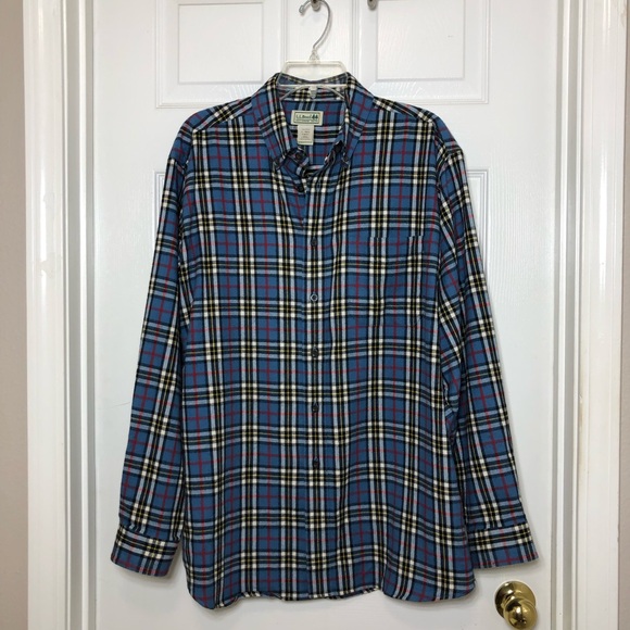 L.L. Bean Soft Cotton brushed Blue Yellow Red Plaid Button Down Shirt L Regular - Picture 2 of 13